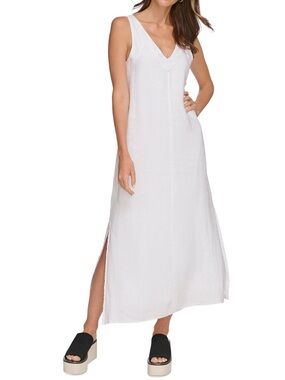 DKNY PURE Linen V-Neck Sleeveless Maxi 100% Linen Dress in white size small